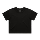 A black cropped t-shirt with short sleeves and a round neckline, featuring a small logo.