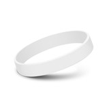 A white silicone wristband featuring a smooth surface and a simple design, with a logo visible.