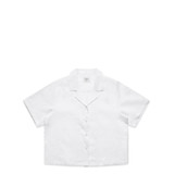 A white button-up shirt with short sleeves and a collar, featuring a logo on the label.