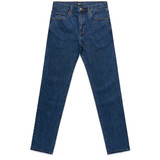 A pair of blue jeans with a classic cut, featuring five pockets and a branding label on the waistband.