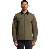 A male model wearing a green canvas cord collar jacket with a front zip and pocket. The jacket has a black collar.
