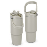 A drink bottle in light grey featuring a handle and a secure lid, with a logo visible on the surface.