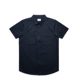 A dark navy short-sleeve work shirt with two front pockets and a collar. The shirt features a logo.