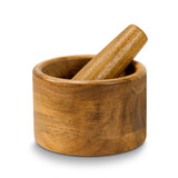 A wooden mortar and pestle in a natural finish, featuring a smooth round base and a matching pestle.