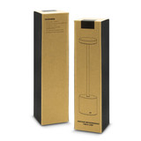 A minimalist packaging design for a Nouveau Rechargeable Table Lamp, featuring a sleek black and natural cardboard finish.