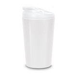 A white coffee cup with a lid, featuring a smooth design and a simple branding logo.