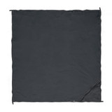 A dark grey camping blanket with a simple design, featuring a small logo in one corner.