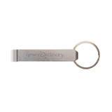 A silver bottle opener keyring featuring a circular keyring attachment and a logo on the side.