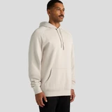 A light beige hoodie with a front pocket and a drawstring hood, featuring a logo on the chest.