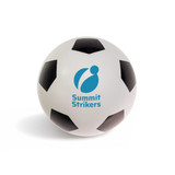 A white soccer ball with black patches and a logo, designed for leisure and outdoor sports.