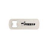 A drink bottle opener in white with a textured finish and a logo. It features a rectangular shape for easy handling.