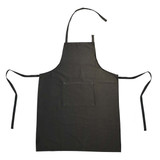 A black recycled cotton apron with adjustable neck and waist straps, featuring a front pocket.