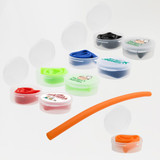 A set of silicone straws in various colors, with several containers displaying different colored straws and lids.