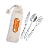 A cutlery set consisting of a fork, knife, and spoon in a cream-coloured calico pouch, featuring a logo.