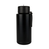 A drink bottle in matte black finish, featuring a sleek design and a logo. Ideal for hydration on the go.