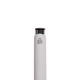 A white pen made from recycled ABS material, featuring a black top and a logo indicating it's recycled.