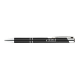 A black gel ink pen with a sleek design and silver accents, featuring a logo on the barrel.