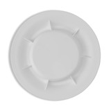 A white pet bowl featuring a raised rim and four notches for stability. It has a simple, smooth design.