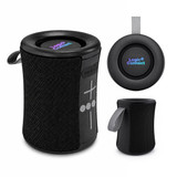 A black portable speaker with control buttons and a carry strap, featuring a logo on top.