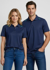 A women's navy short sleeve polo shirt featuring a collar and accent details, modelled by a woman alongside a man in a similar polo.