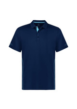 A navy blue kids' polo shirt with short sleeves and light blue accents, featuring a logo on the chest.