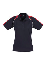 A women's short sleeve polo shirt featuring a navy body with red shoulders and white detailing, including a logo.