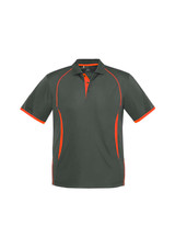 A grey polo shirt with orange accents, featuring short sleeves and a collar, and includes a logo.