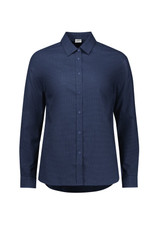 A women's long sleeve button-up shirt in navy blue with a collared neckline and a logo.