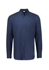 A navy long sleeve button-up shirt with a collar and a single chest pocket. It features a logo on the label.