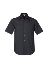 A black men's button-up short sleeve shirt with a collar and a single chest pocket.
