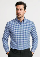 A men's long sleeve button-up shirt in a blue and white gingham pattern, featuring a collar and branding.