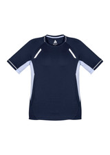 A navy blue short sleeve tee featuring contrasting light blue side panels and a logo on the neckline.