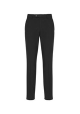 A pair of black classic slim pants with a straight cut and button closure, featuring a subtle texture.