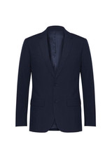 A navy classic jacket with a single-breasted design and two front pockets. Features a logo.