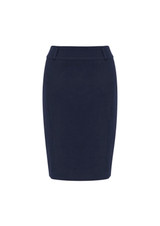 A fitted navy blue skirt with a waistband and subtle design details, featuring a brand logo.
