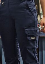 Navy rugged cargo pants featuring multiple pockets and a logo. Suitable for outdoor activities.