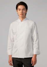 A long sleeve white chef jacket featuring a mandarin collar and a logo on the sleeve.