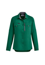 A women's long sleeve button-up shirt in green with two chest pockets and a zip pocket, featuring a logo.