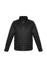 A black puffer jacket with a zip front and a stand-up collar, featuring side pockets and a logo.
