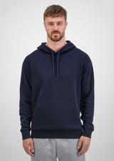 A navy blue men's hoodie featuring a drawstring hood and a front pocket, modelled by a man.