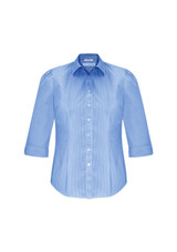 A women's button-up shirt in light blue with 3/4 sleeves and a fitted design, featuring a logo on the label.