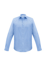 A light blue long-sleeve button-up shirt with a collar and a logo on the label.