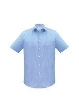 A light blue short sleeve button-up shirt with a single chest pocket and a subtle striped pattern.