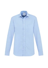 A light blue long sleeve button-up shirt with a chest pocket and a logo.