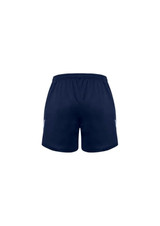 Navy sports shorts featuring a logo, designed for children. Simple and comfortable with an elastic waistband.