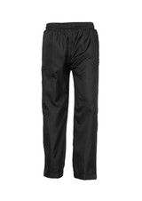 Black track pants featuring an elastic waistband and pockets, with a logo on the side.
