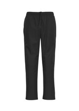 Unisex black track pants with an adjustable drawstring waistband and a logo on the side. Smooth fabric finish.