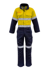 A men's overall featuring a bright yellow and navy design with reflective hoop tape. It has a logo on the chest.