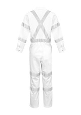 A white overall with reflective stripes and an adjustable X-back design, featuring long sleeves and pockets.