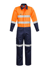 Rugged men's overall in orange and navy, featuring reflective stripes and a logo on the chest. 